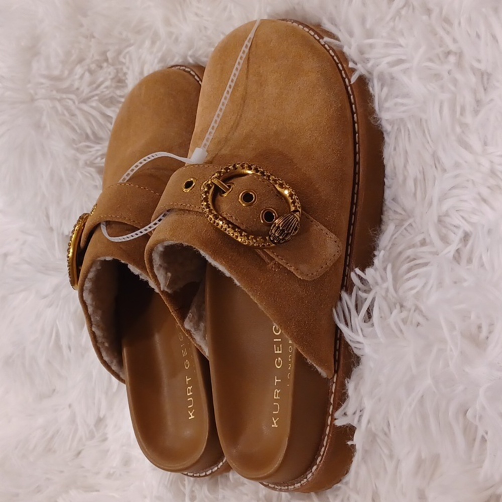 Kurt Geiger London Mayfair Crystal Embellished Eagle Head Buckle Mules Tan Suede